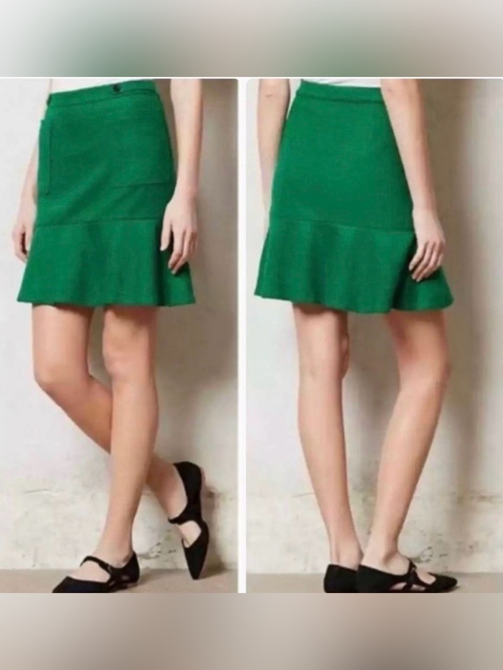 Anthropologie Maeve Kelly Green Wool Blend Flounce Hem Mini Skirt.  Size 0P